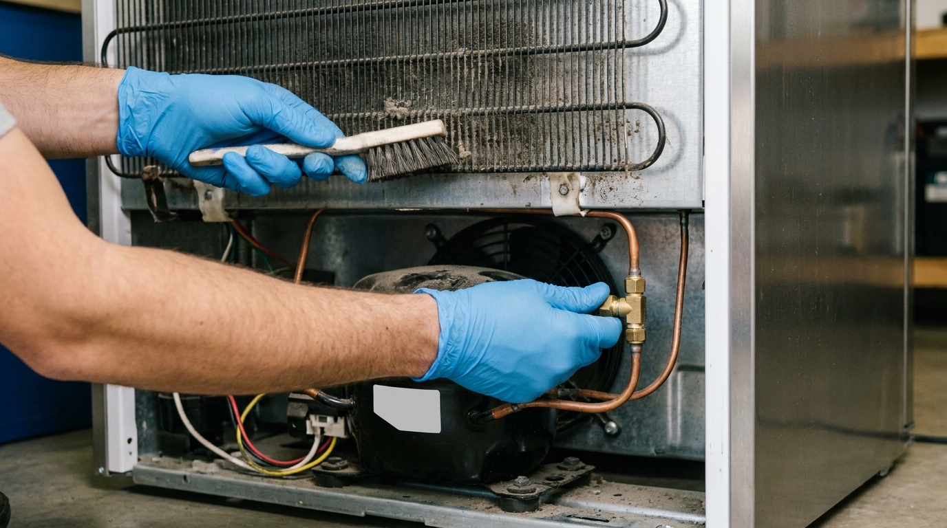 Technician repairing a refrigerator's condenser coils