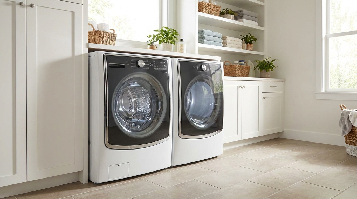 Technician repairing a washer and dryer
